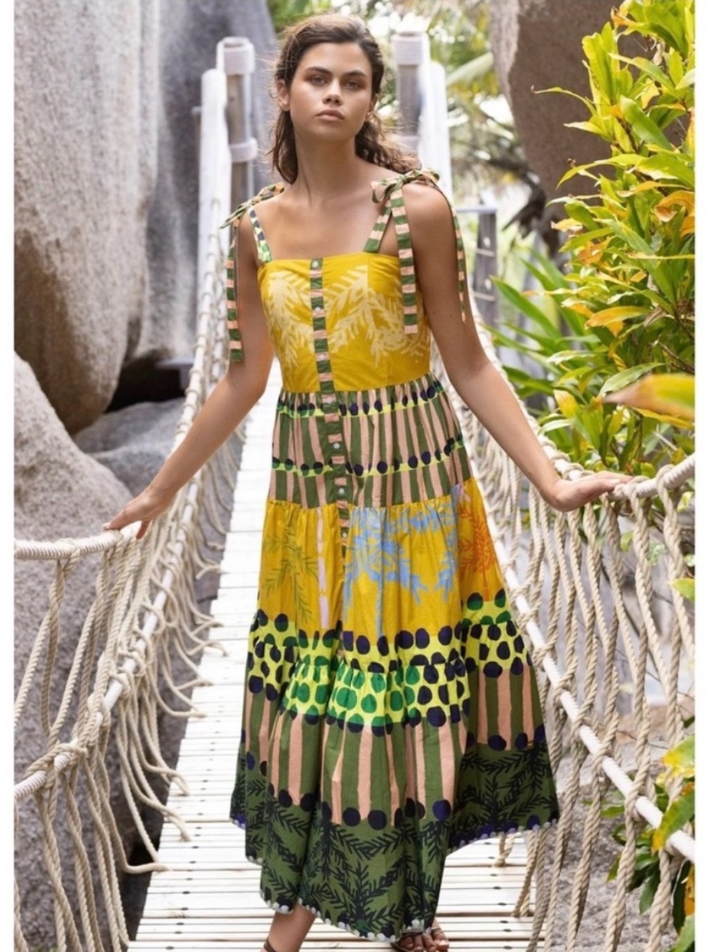Oliphant Palma Saffron Tie Strap Button Midi Sun Dress Size Medium Boho Summer